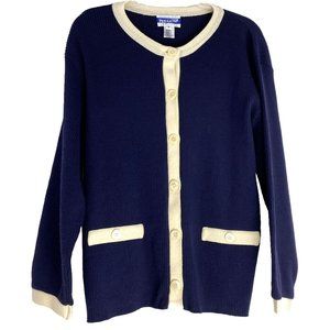 Pendleton VTG Virgin Wool V-neck knit cardigan Contrast Neck/Trim Blue Ivory PM